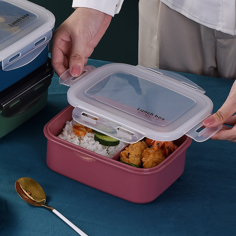 Cutie prânz Bento, două compartimente, formă pătrată, material PP, capacitate 800–1000 ml, compatibil cu microunde
