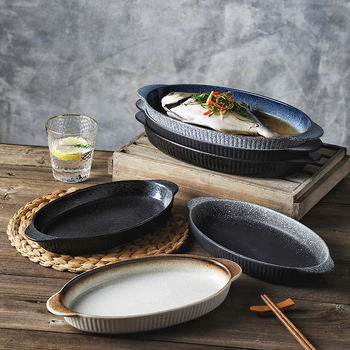 Porcelanski ovalni tanjur za ribu, japanskog stila, prugastog uzorka, pogodan za mikrovalnu
