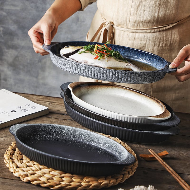 Porcelanski ovalni tanjur za ribu, japanskog stila, prugastog uzorka, pogodan za mikrovalnu