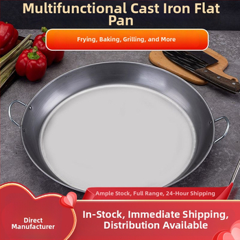 Kétfülű vas palacsinta serpenyő bevonat nélkül, sík aljzattal, mélység 5,2 cm, tömeg 2–3 kg, modellek 35/40/45/50, indukciós és gáztűzhelyhez alkalmas