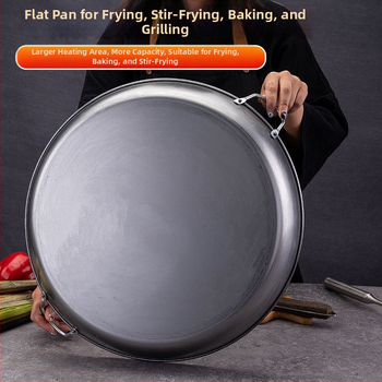 Kétfülű vas palacsinta serpenyő bevonat nélkül, sík aljzattal, mélység 5,2 cm, tömeg 2–3 kg, modellek 35/40/45/50, indukciós és gáztűzhelyhez alkalmas