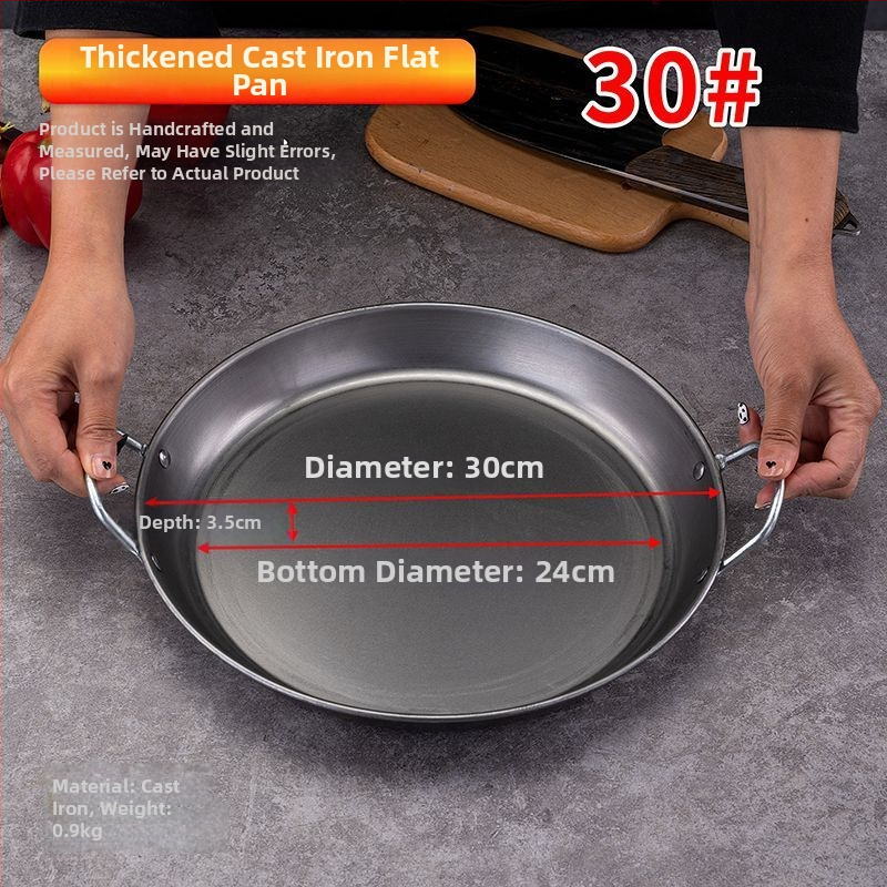 Kétfülű vas palacsinta serpenyő bevonat nélkül, sík aljzattal, mélység 5,2 cm, tömeg 2–3 kg, modellek 35/40/45/50, indukciós és gáztűzhelyhez alkalmas