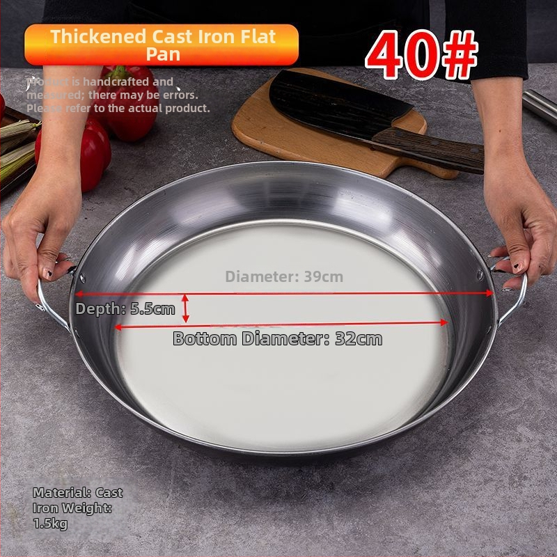 Kétfülű vas palacsinta serpenyő bevonat nélkül, sík aljzattal, mélység 5,2 cm, tömeg 2–3 kg, modellek 35/40/45/50, indukciós és gáztűzhelyhez alkalmas