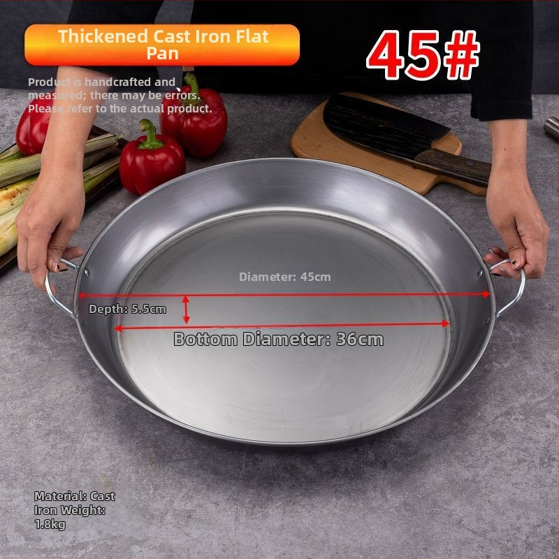 Kétfülű vas palacsinta serpenyő bevonat nélkül, sík aljzattal, mélység 5,2 cm, tömeg 2–3 kg, modellek 35/40/45/50, indukciós és gáztűzhelyhez alkalmas