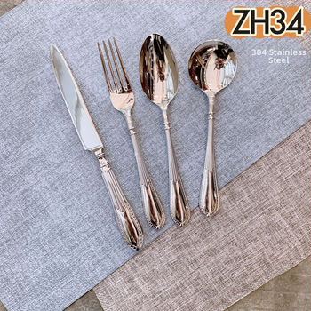 304 rozsdamentes acél nyugati evőeszköz készlet — kovácsolt steak kés, villa és kanál, vonalas mintázat, tükrös felület