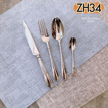 304 rozsdamentes acél nyugati evőeszköz készlet — kovácsolt steak kés, villa és kanál, vonalas mintázat, tükrös felület