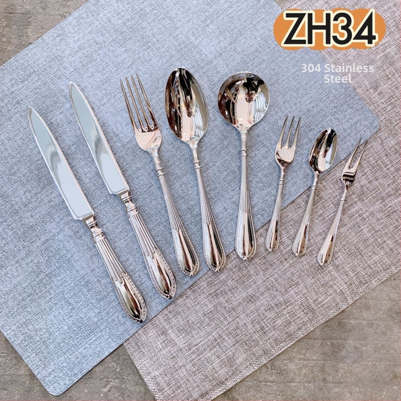 304 rozsdamentes acél nyugati evőeszköz készlet — kovácsolt steak kés, villa és kanál, vonalas mintázat, tükrös felület