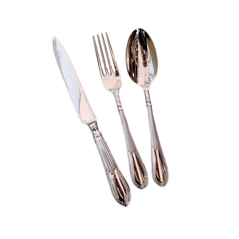 304 rozsdamentes acél nyugati evőeszköz készlet — kovácsolt steak kés, villa és kanál, vonalas mintázat, tükrös felület