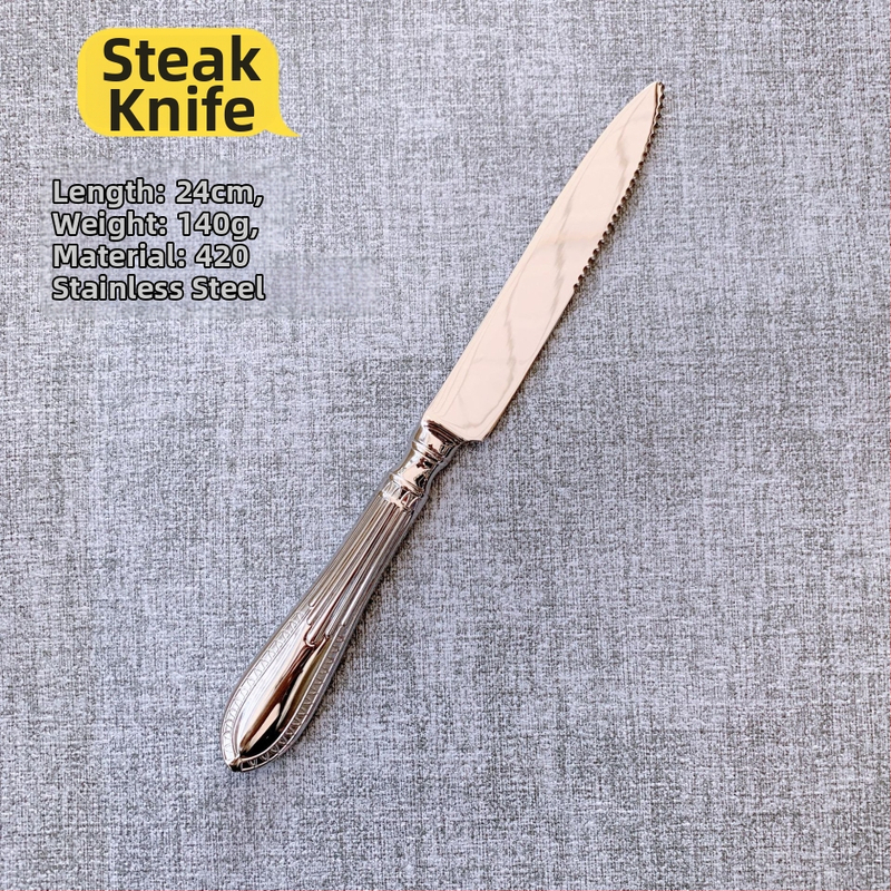 304 rozsdamentes acél nyugati evőeszköz készlet — kovácsolt steak kés, villa és kanál, vonalas mintázat, tükrös felület