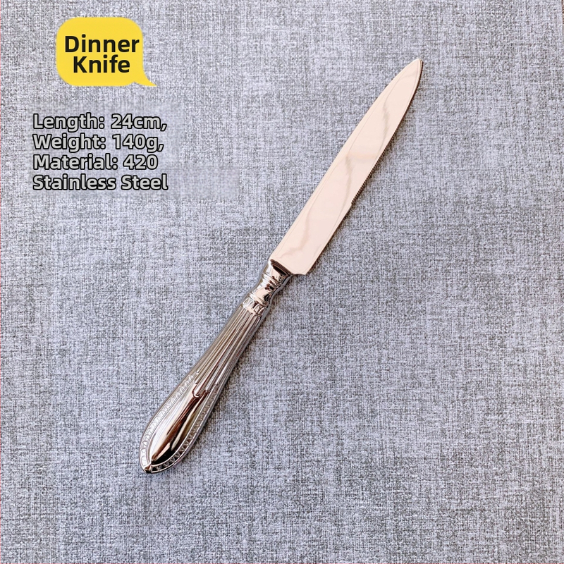 304 rozsdamentes acél nyugati evőeszköz készlet — kovácsolt steak kés, villa és kanál, vonalas mintázat, tükrös felület