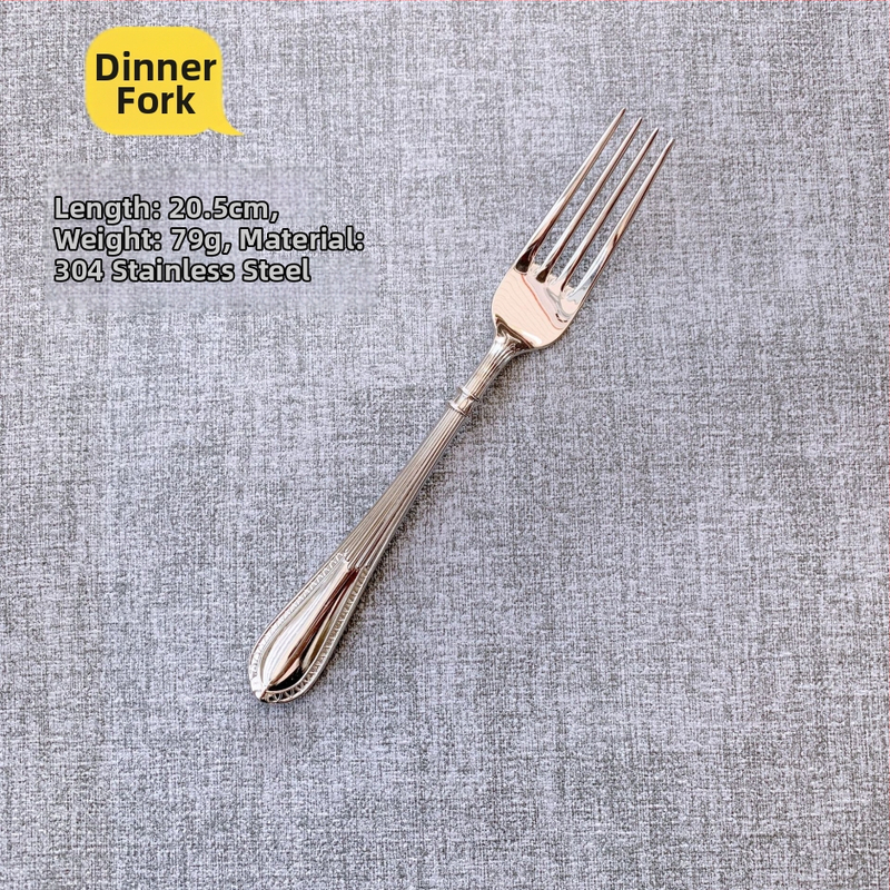 304 rozsdamentes acél nyugati evőeszköz készlet — kovácsolt steak kés, villa és kanál, vonalas mintázat, tükrös felület