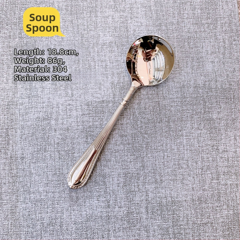 304 rozsdamentes acél nyugati evőeszköz készlet — kovácsolt steak kés, villa és kanál, vonalas mintázat, tükrös felület