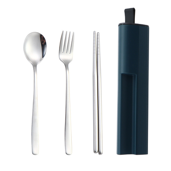Set portabil de tacâmuri din oțel inoxidabil 304 cu cutie glisantă — lingură, furculiță și bețișoare, finisaj oglindă