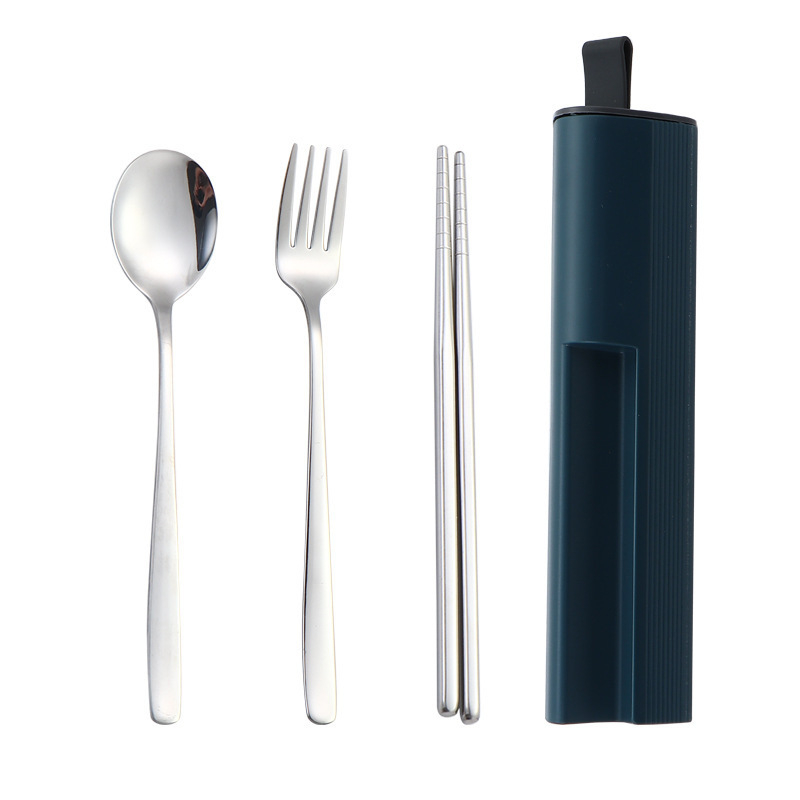 Set portabil de tacâmuri din oțel inoxidabil 304 cu cutie glisantă — lingură, furculiță și bețișoare, finisaj oglindă