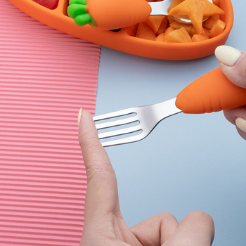 Dječji set posuđa od 304 nerđajućeg čelika sa silikonskim tanjurićem u obliku mrkve, trodjelni set za bebe od 6 mjeseci