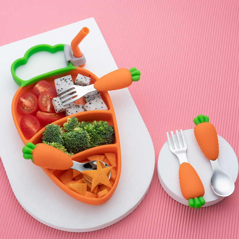 Dječji set posuđa od 304 nerđajućeg čelika sa silikonskim tanjurićem u obliku mrkve, trodjelni set za bebe od 6 mjeseci