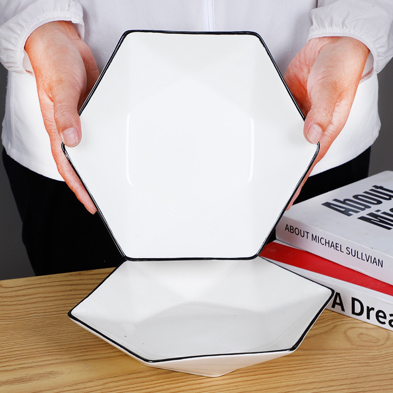 Set hexagonal de farfurii și boluri ceramice, farfurii plate, model See details, stil național