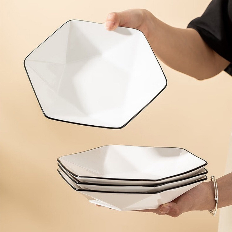 Set hexagonal de farfurii și boluri ceramice, farfurii plate, model See details, stil național