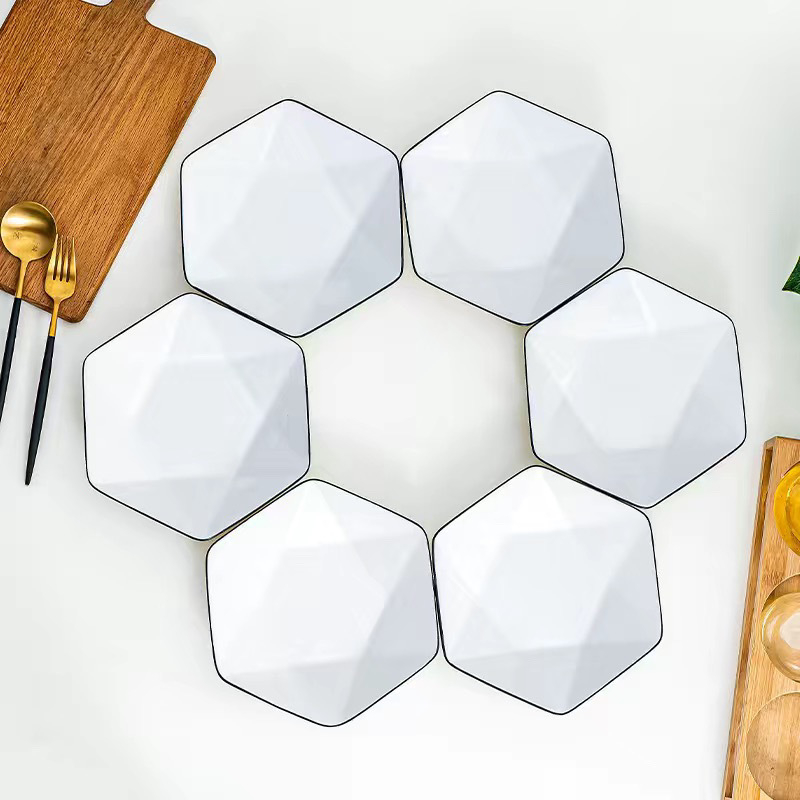 Set hexagonal de farfurii și boluri ceramice, farfurii plate, model See details, stil național