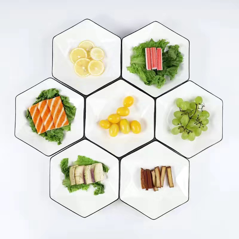 Set hexagonal de farfurii și boluri ceramice, farfurii plate, model See details, stil național
