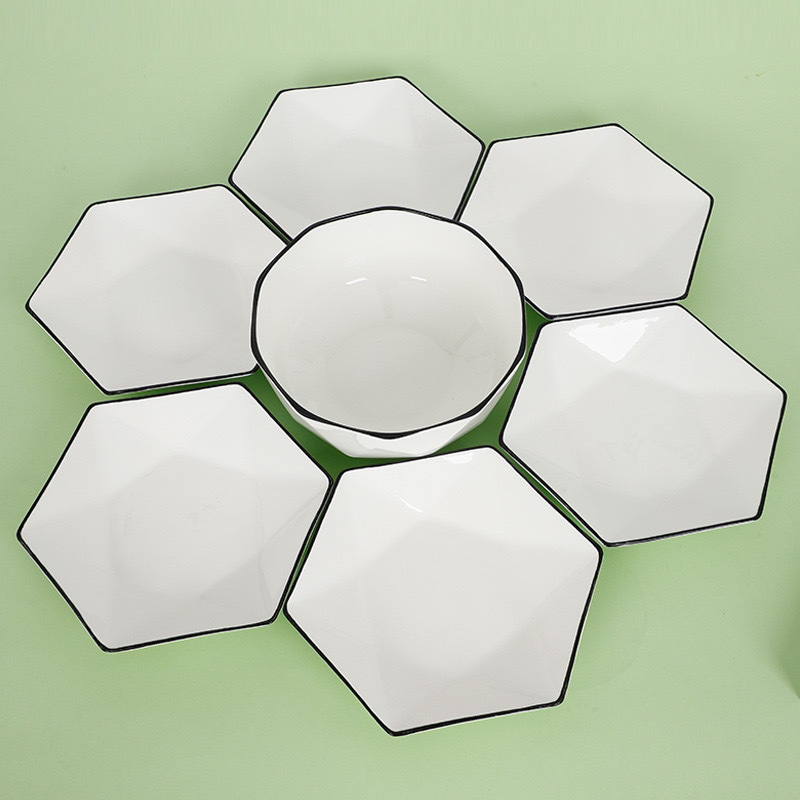 Set hexagonal de farfurii și boluri ceramice, farfurii plate, model See details, stil național