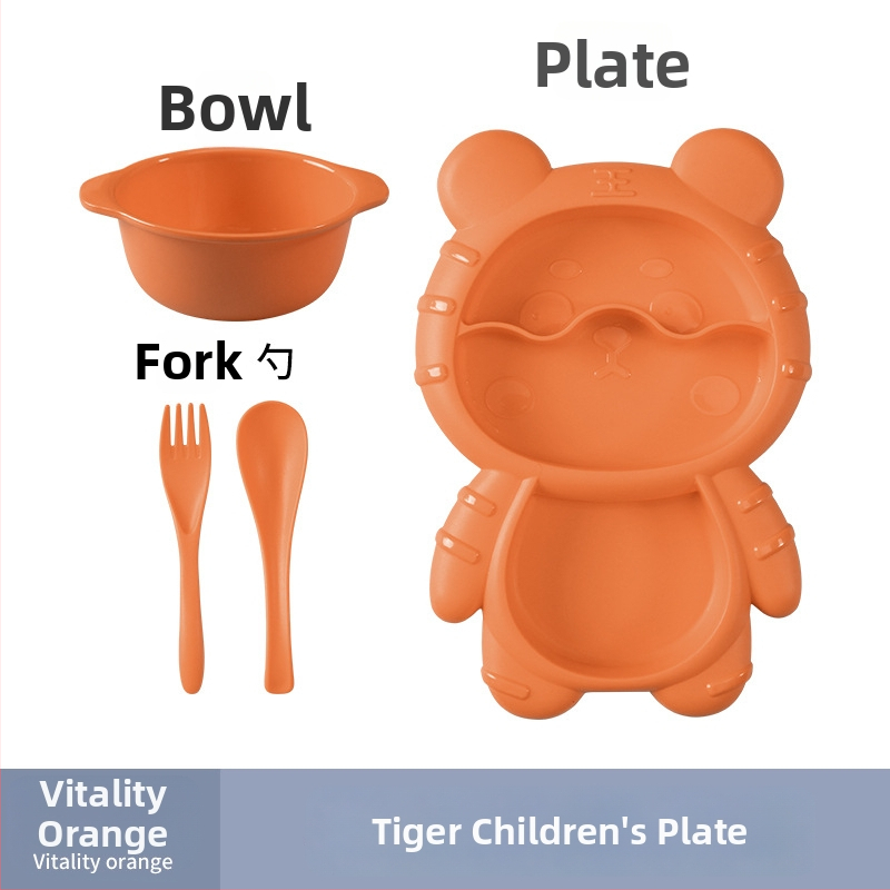 Apricot Rhyme rajzfilm-stílusú műanyag gyerek étkészlet, négy darabos készlet: tányér, tál, kanál és villa