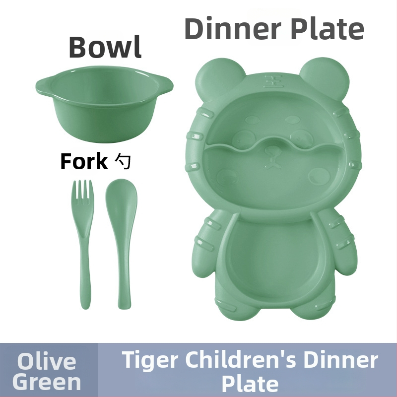 Apricot Rhyme rajzfilm-stílusú műanyag gyerek étkészlet, négy darabos készlet: tányér, tál, kanál és villa