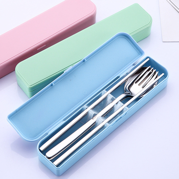 Set portabil din oțel inoxidabil 304, stil coreean, 3 piese: bețișoare, lingură și furculiță — design minimalist modern, ideal pentru călătorii