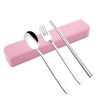 Set portabil din oțel inoxidabil 304, stil coreean, 3 piese: bețișoare, lingură și furculiță — design minimalist modern, ideal pentru călătorii