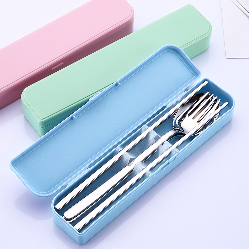 Set portabil din oțel inoxidabil 304, stil coreean, 3 piese: bețișoare, lingură și furculiță — design minimalist modern, ideal pentru călătorii