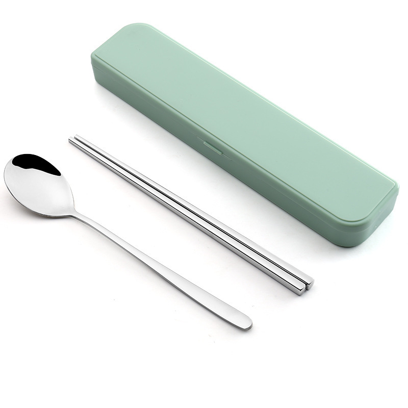 Set portabil din oțel inoxidabil 304, stil coreean, 3 piese: bețișoare, lingură și furculiță — design minimalist modern, ideal pentru călătorii