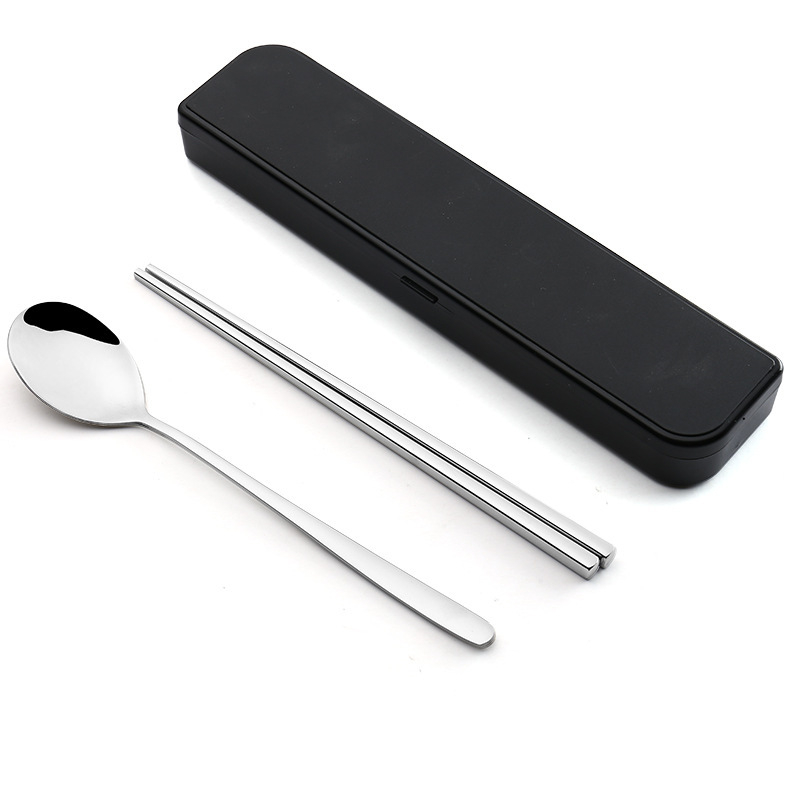 Set portabil din oțel inoxidabil 304, stil coreean, 3 piese: bețișoare, lingură și furculiță — design minimalist modern, ideal pentru călătorii