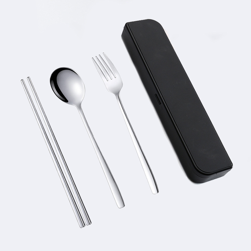 Set portabil din oțel inoxidabil 304, stil coreean, 3 piese: bețișoare, lingură și furculiță — design minimalist modern, ideal pentru călătorii