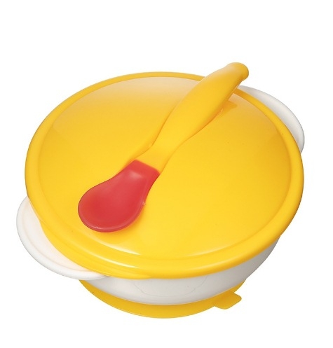 Protizklizna zdjela za bebe s dvostrukim ušima, poklopcem i žličicom koja mijenja boju — zdjela za vježbanje, PP materijal, za bebe od 6 mjeseci
