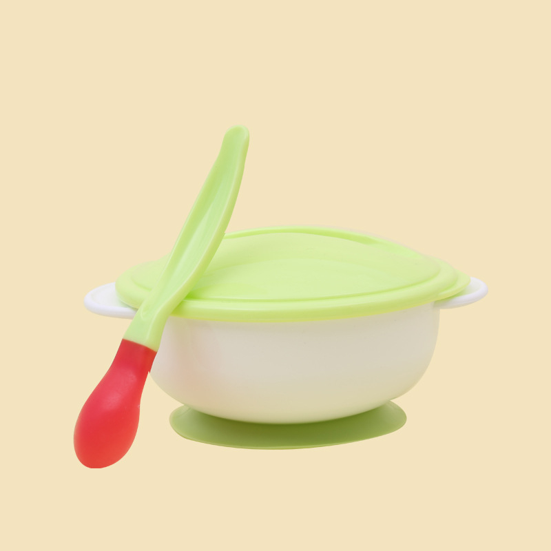 Protizklizna zdjela za bebe s dvostrukim ušima, poklopcem i žličicom koja mijenja boju — zdjela za vježbanje, PP materijal, za bebe od 6 mjeseci