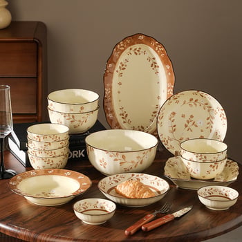 Porcelanski set zdjela i tanjura s cvjetnim podglazurnim uzorkom, mikrovalna sigurnost, okrugli oblik, svjež stil, mogućnost prilagodbe logotipa