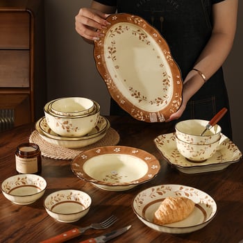 Porcelanski set zdjela i tanjura s cvjetnim podglazurnim uzorkom, mikrovalna sigurnost, okrugli oblik, svjež stil, mogućnost prilagodbe logotipa