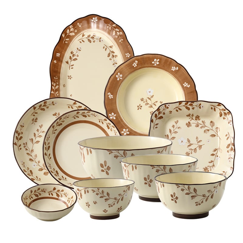 Porcelanski set zdjela i tanjura s cvjetnim podglazurnim uzorkom, mikrovalna sigurnost, okrugli oblik, svjež stil, mogućnost prilagodbe logotipa