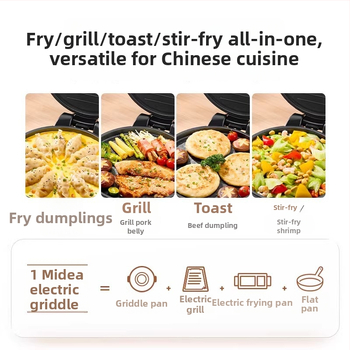 Midea Električna tava za palačinke s dvostrukim grijanjem, ne‑stick površina, 1200-1500 W, 220 V, za 2-3 porcije