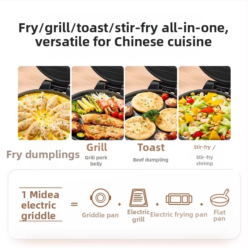 Midea Električna tava za palačinke s dvostrukim grijanjem, ne‑stick površina, 1200-1500 W, 220 V, za 2-3 porcije