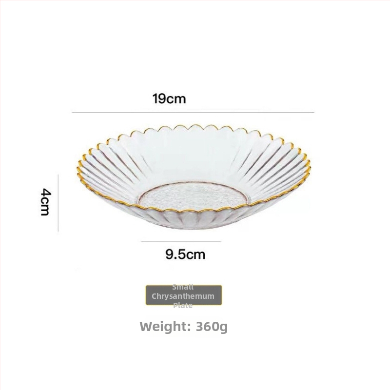 Sklenená súprava tanierov a misiek s tvarom kvetinových lupienkov, pruhovaný vzor, obsahuje ovocný a dezertný tanier, tepelne odolné sklo