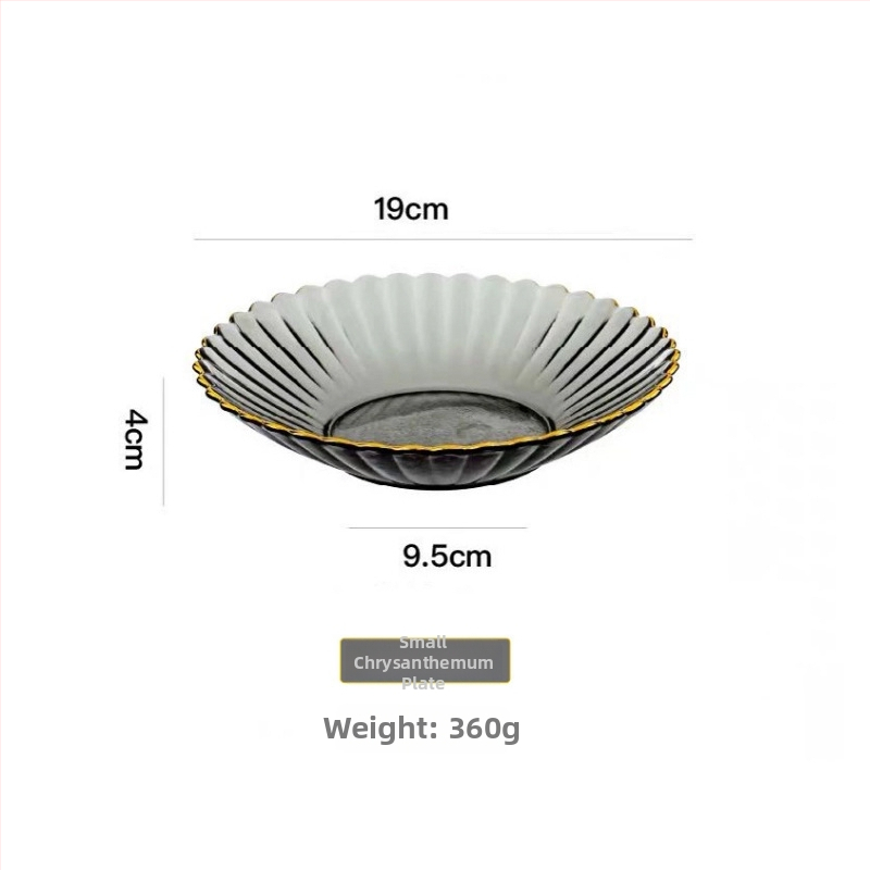 Sklenená súprava tanierov a misiek s tvarom kvetinových lupienkov, pruhovaný vzor, obsahuje ovocný a dezertný tanier, tepelne odolné sklo