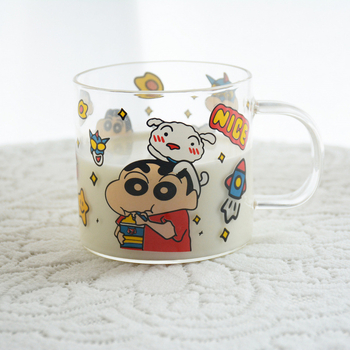 Set pahare și boluri din sticlă borosilicată, model japonez drăguț de desen animat, rezistent la temperaturi, compatibil cu microunde, set de 7 piese, cu mâner