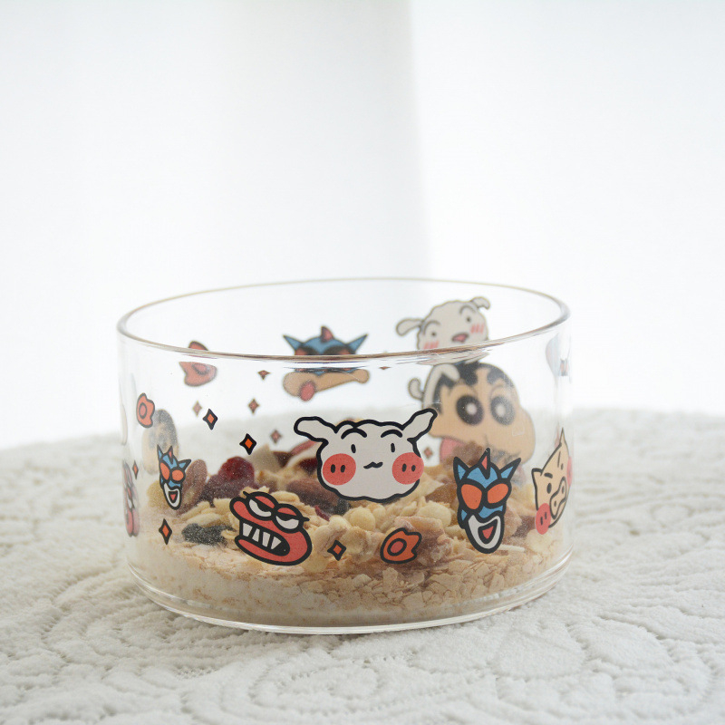 Set pahare și boluri din sticlă borosilicată, model japonez drăguț de desen animat, rezistent la temperaturi, compatibil cu microunde, set de 7 piese, cu mâner