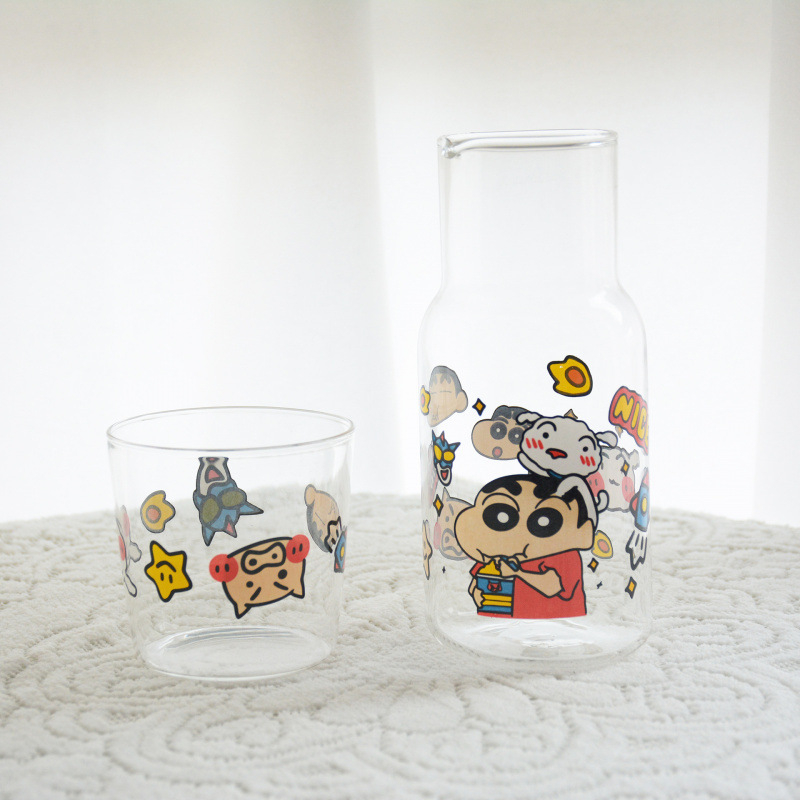 Set pahare și boluri din sticlă borosilicată, model japonez drăguț de desen animat, rezistent la temperaturi, compatibil cu microunde, set de 7 piese, cu mâner