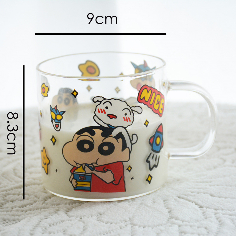 Set pahare și boluri din sticlă borosilicată, model japonez drăguț de desen animat, rezistent la temperaturi, compatibil cu microunde, set de 7 piese, cu mâner