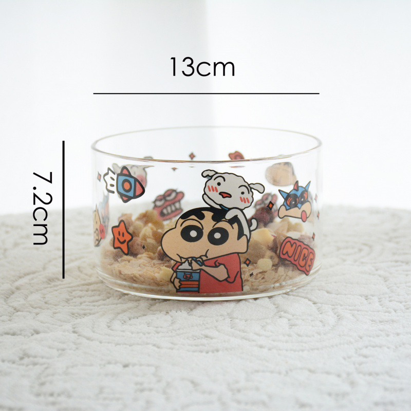 Set pahare și boluri din sticlă borosilicată, model japonez drăguț de desen animat, rezistent la temperaturi, compatibil cu microunde, set de 7 piese, cu mâner