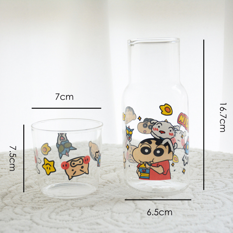 Set pahare și boluri din sticlă borosilicată, model japonez drăguț de desen animat, rezistent la temperaturi, compatibil cu microunde, set de 7 piese, cu mâner