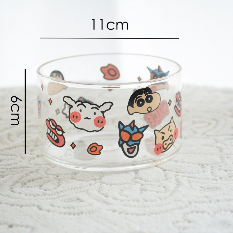 Set pahare și boluri din sticlă borosilicată, model japonez drăguț de desen animat, rezistent la temperaturi, compatibil cu microunde, set de 7 piese, cu mâner