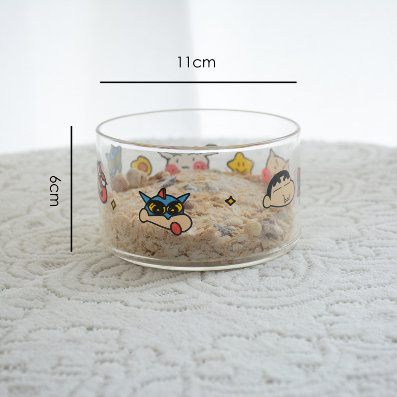 Set pahare și boluri din sticlă borosilicată, model japonez drăguț de desen animat, rezistent la temperaturi, compatibil cu microunde, set de 7 piese, cu mâner